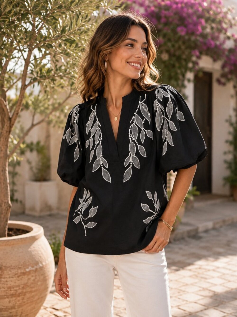 Rain Embroidered Black Puff-Sleeve Women's Top size L